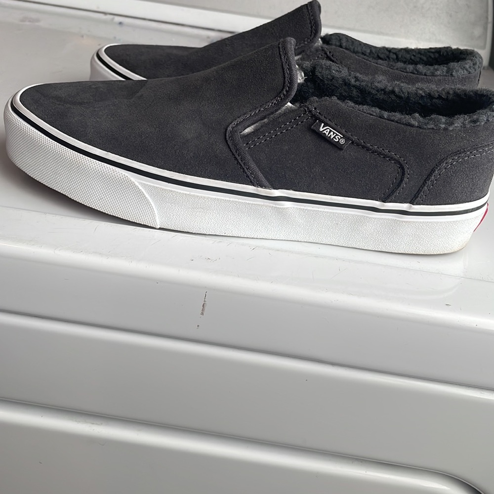 Vans Asher shoes slip on asphalt black suede Sherpa fur lined men size 7 1/2 7.5 - Picture 8 of 10